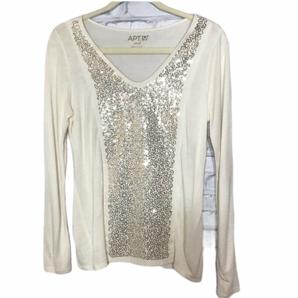 APT. 9 Ivory Gold Glitter Sequin V Neck Soft Long Sleeve Holiday Top Size Small - Picture 2 of 7
